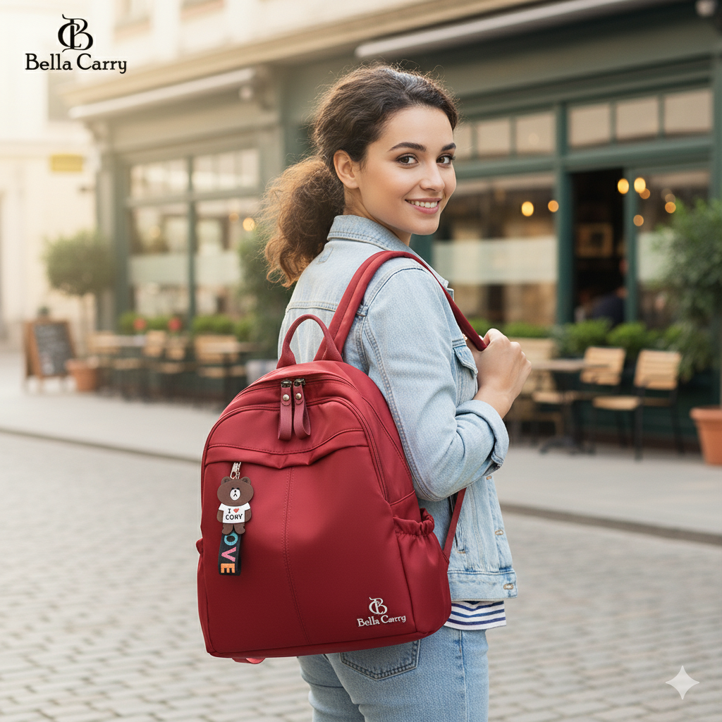 Bella Carry Stylish Waterproof Nylon/PU Backpack for Women & Girls | Casual Daypack with Line Friends Brown & Cony Keychain Charm