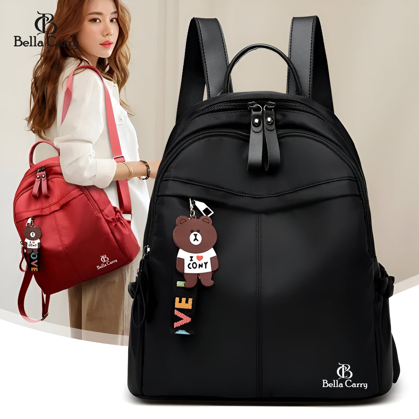 Bella Carry Stylish Waterproof Nylon/PU Backpack for Women & Girls | Casual Daypack with Line Friends Brown & Cony Keychain Charm