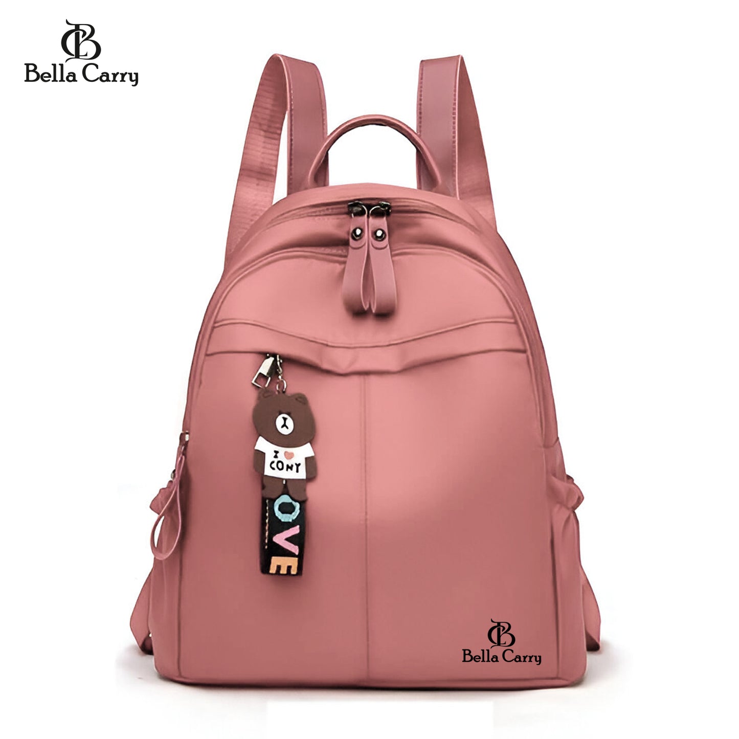 Bella Carry Stylish Waterproof Nylon/PU Backpack for Women & Girls | Casual Daypack with Line Friends Brown & Cony Keychain Charm