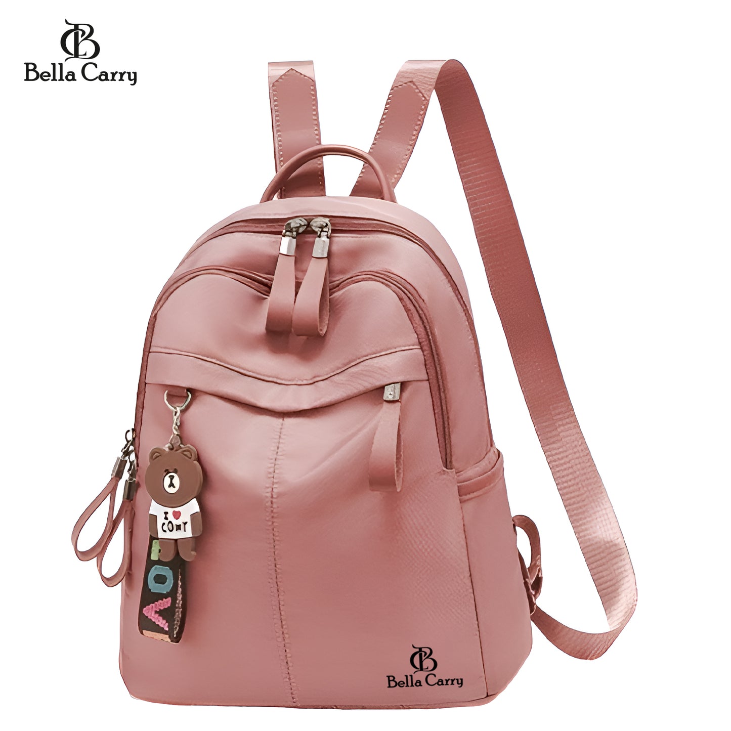 Bella Carry Stylish Waterproof Nylon/PU Backpack for Women & Girls | Casual Daypack with Line Friends Brown & Cony Keychain Charm