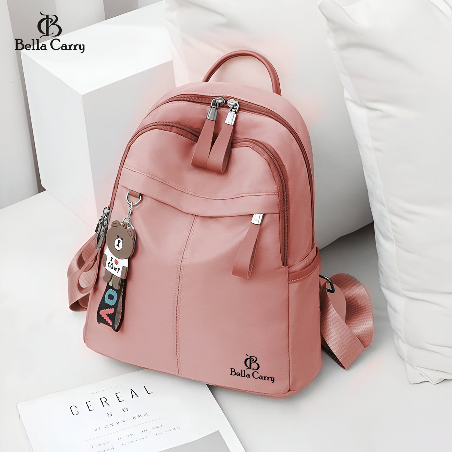 Bella Carry Stylish Waterproof Nylon/PU Backpack for Women & Girls | Casual Daypack with Line Friends Brown & Cony Keychain Charm