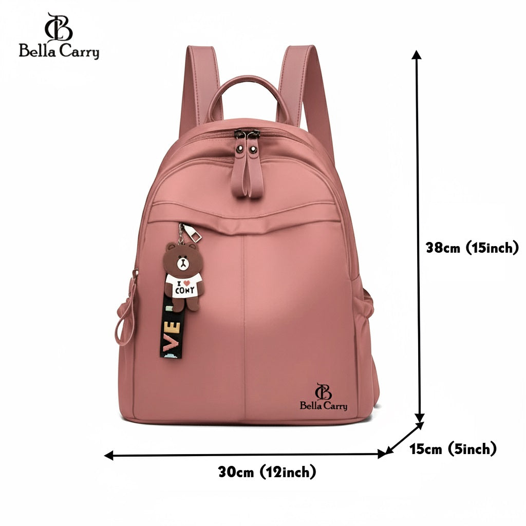 Bella Carry Stylish Waterproof Nylon/PU Backpack for Women & Girls | Casual Daypack with Line Friends Brown & Cony Keychain Charm