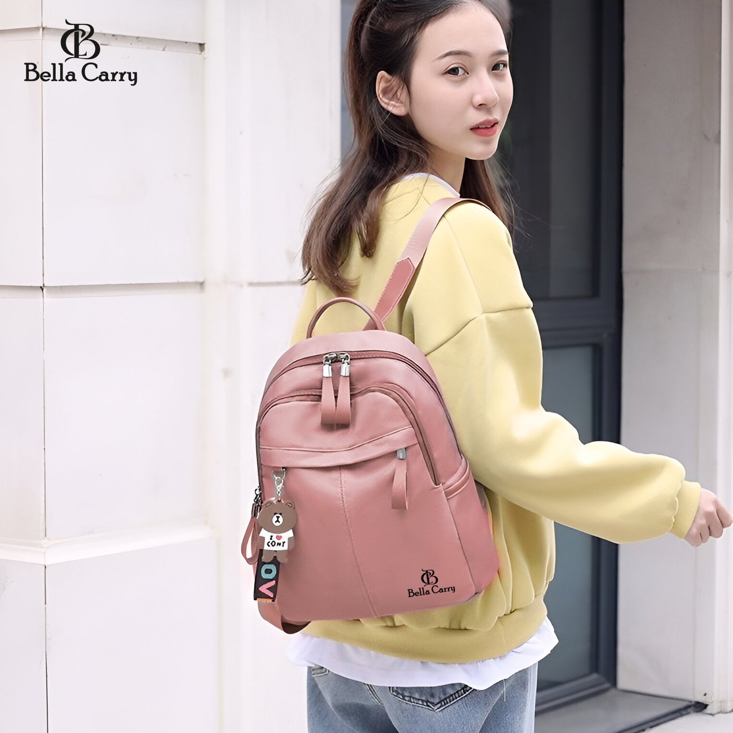 Bella Carry Stylish Waterproof Nylon/PU Backpack for Women & Girls | Casual Daypack with Line Friends Brown & Cony Keychain Charm