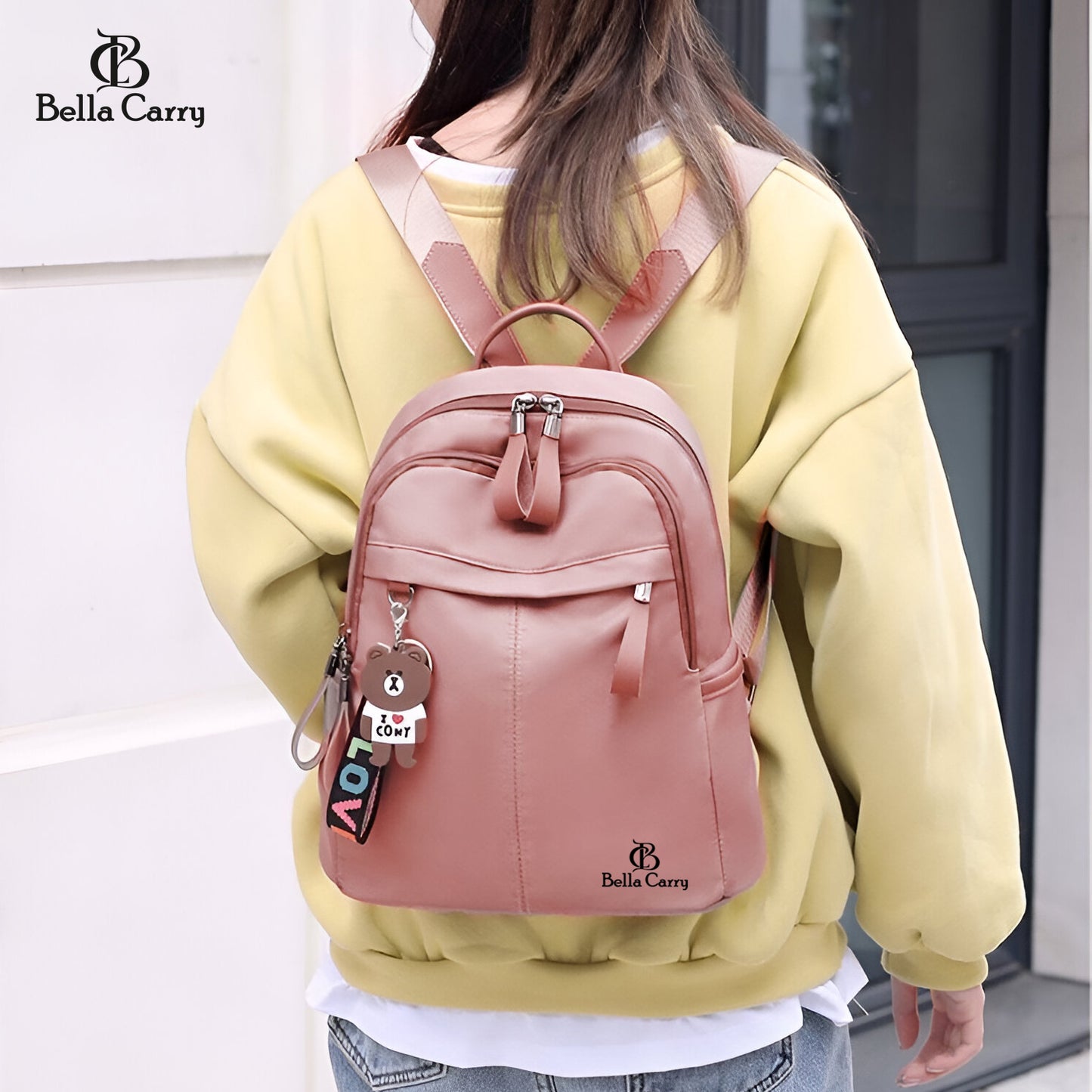 Bella Carry Stylish Waterproof Nylon/PU Backpack for Women & Girls | Casual Daypack with Line Friends Brown & Cony Keychain Charm