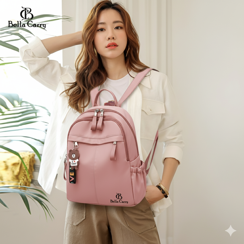 Bella Carry Stylish Waterproof Nylon/PU Backpack for Women & Girls | Casual Daypack with Line Friends Brown & Cony Keychain Charm