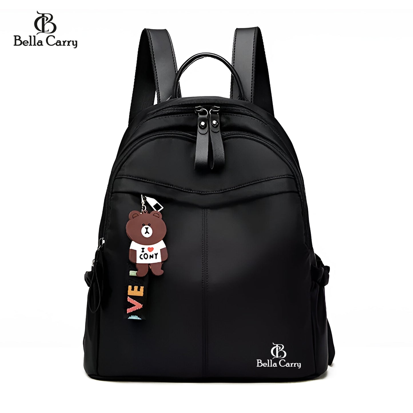 Bella Carry Stylish Waterproof Nylon/PU Backpack for Women & Girls | Casual Daypack with Line Friends Brown & Cony Keychain Charm
