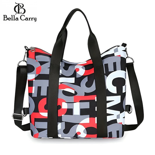 BELLA CARRY Women's Large Capacity Gym Bag & Travel Duffel Bag | Stylish Letter Print Tote with Adjustable Shoulder Strap | Waterproof Casual Weekend Bag
