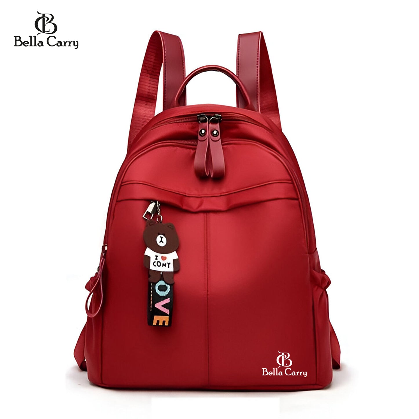 Bella Carry Stylish Waterproof Nylon/PU Backpack for Women & Girls | Casual Daypack with Line Friends Brown & Cony Keychain Charm