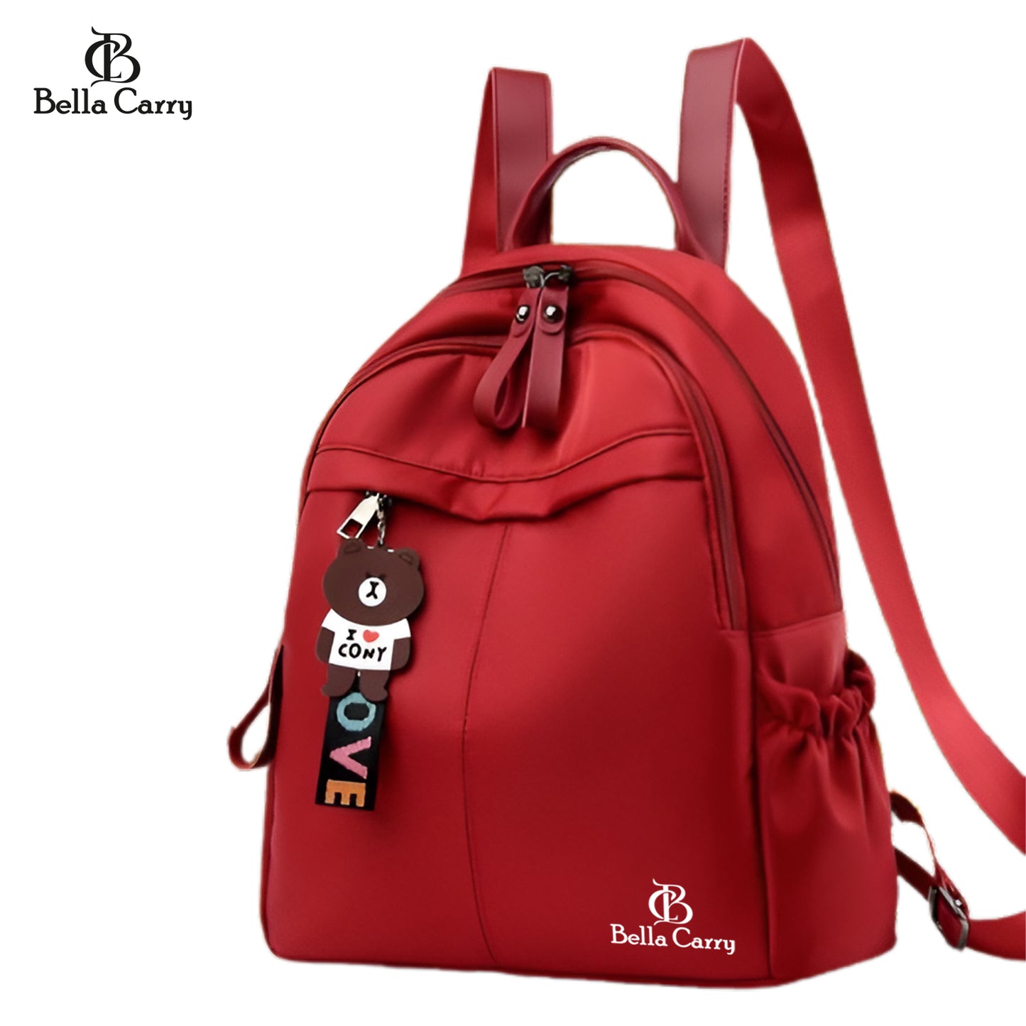 Bella Carry Stylish Waterproof Nylon/PU Backpack for Women & Girls | Casual Daypack with Line Friends Brown & Cony Keychain Charm