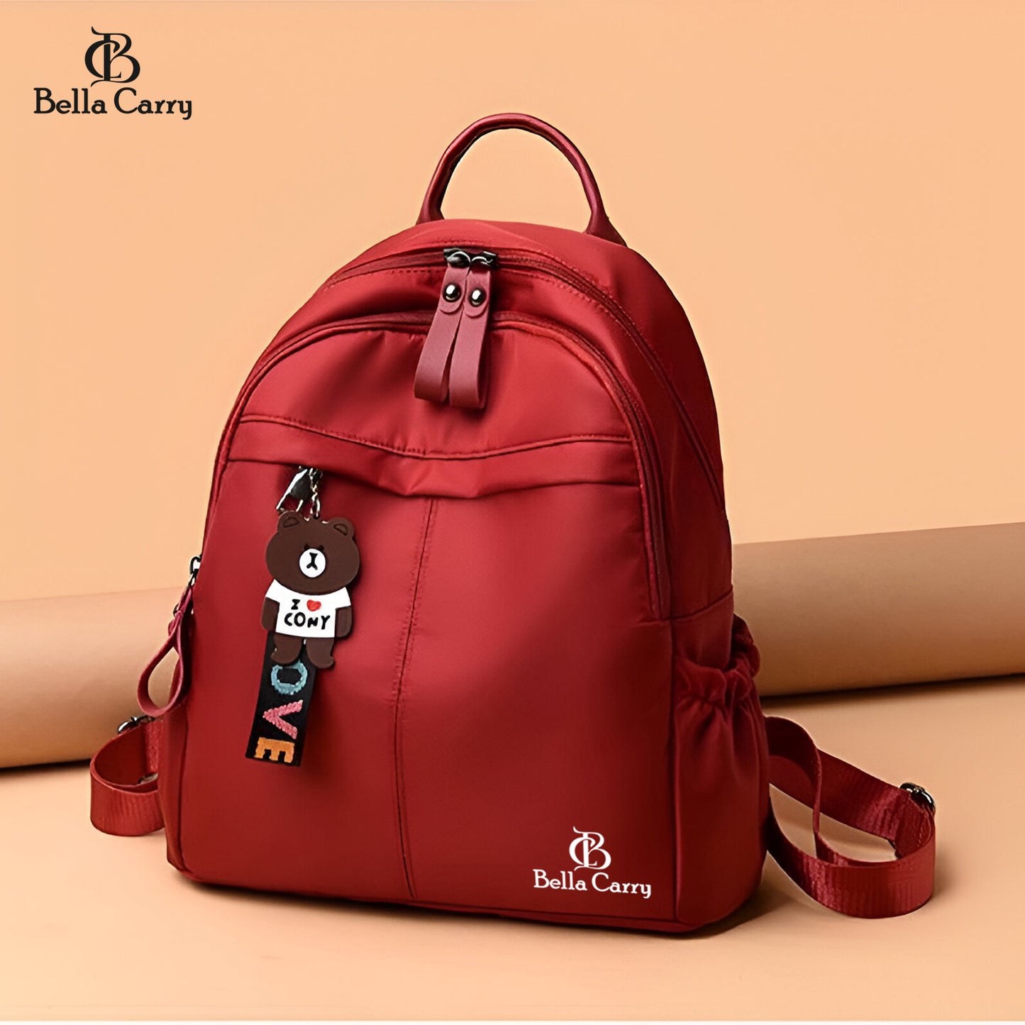 Bella Carry Stylish Waterproof Nylon/PU Backpack for Women & Girls | Casual Daypack with Line Friends Brown & Cony Keychain Charm