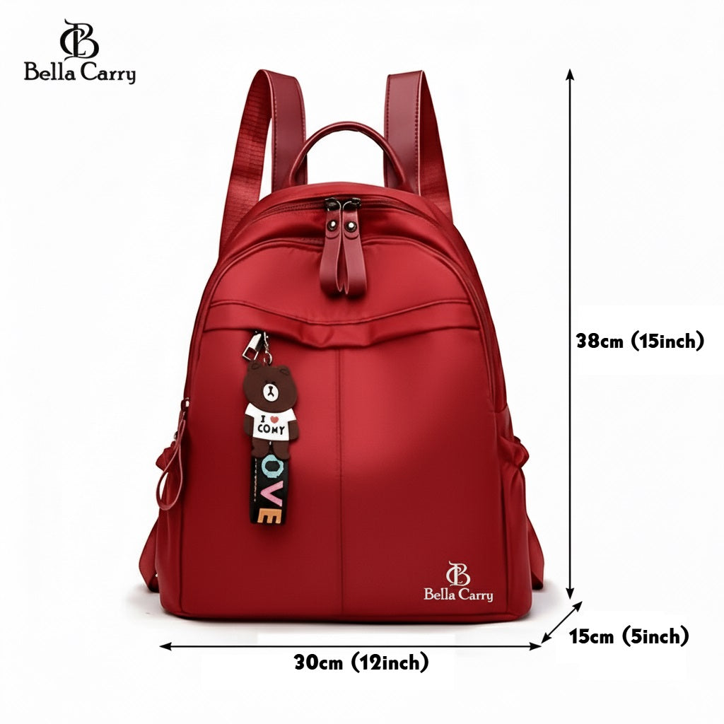 Bella Carry Stylish Waterproof Nylon/PU Backpack for Women & Girls | Casual Daypack with Line Friends Brown & Cony Keychain Charm