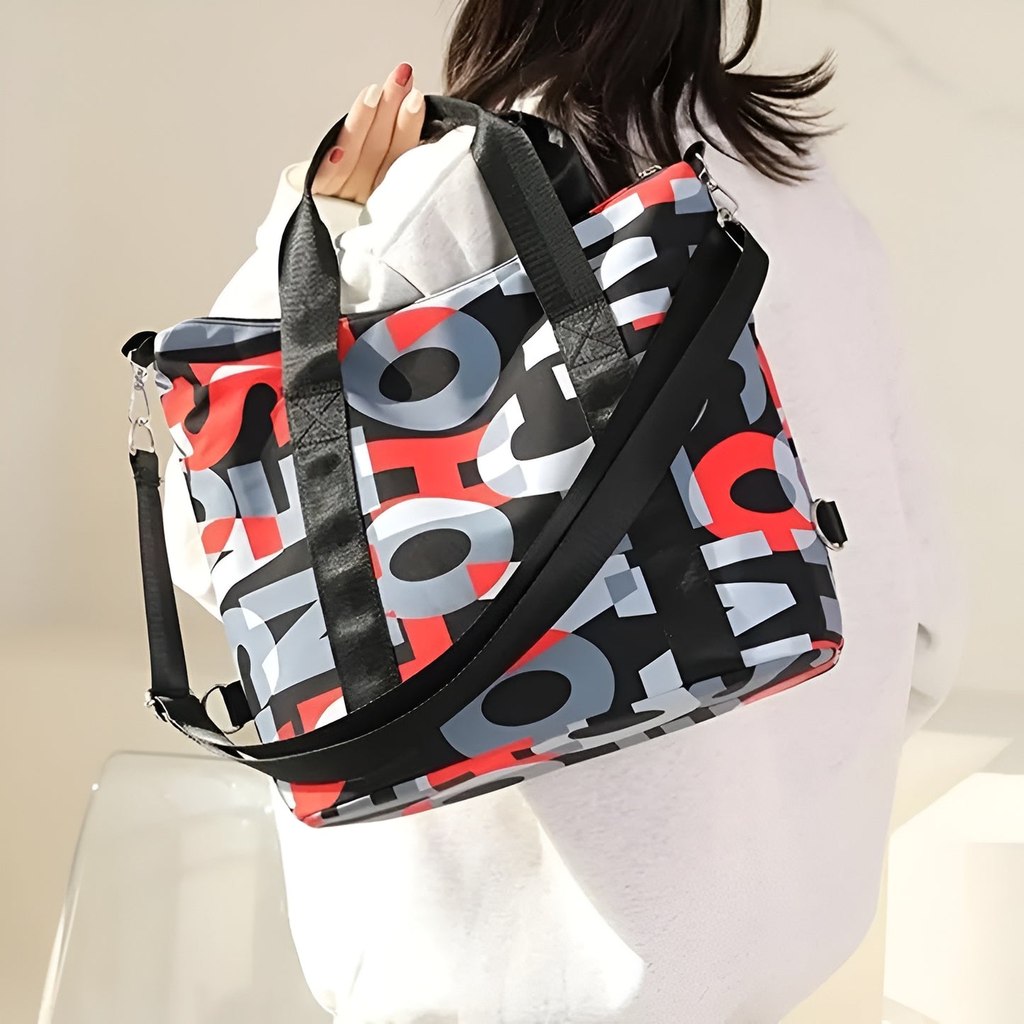 BELLA CARRY Women's Large Capacity Gym Bag & Travel Duffel Bag | Stylish Letter Print Tote with Adjustable Shoulder Strap | Waterproof Casual Weekend Bag