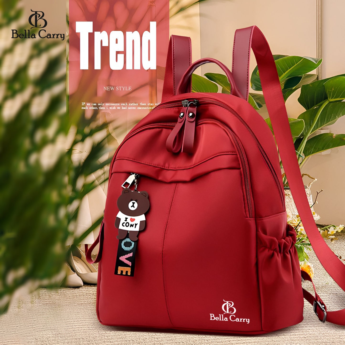 Bella Carry Stylish Waterproof Nylon/PU Backpack for Women & Girls | Casual Daypack with Line Friends Brown & Cony Keychain Charm