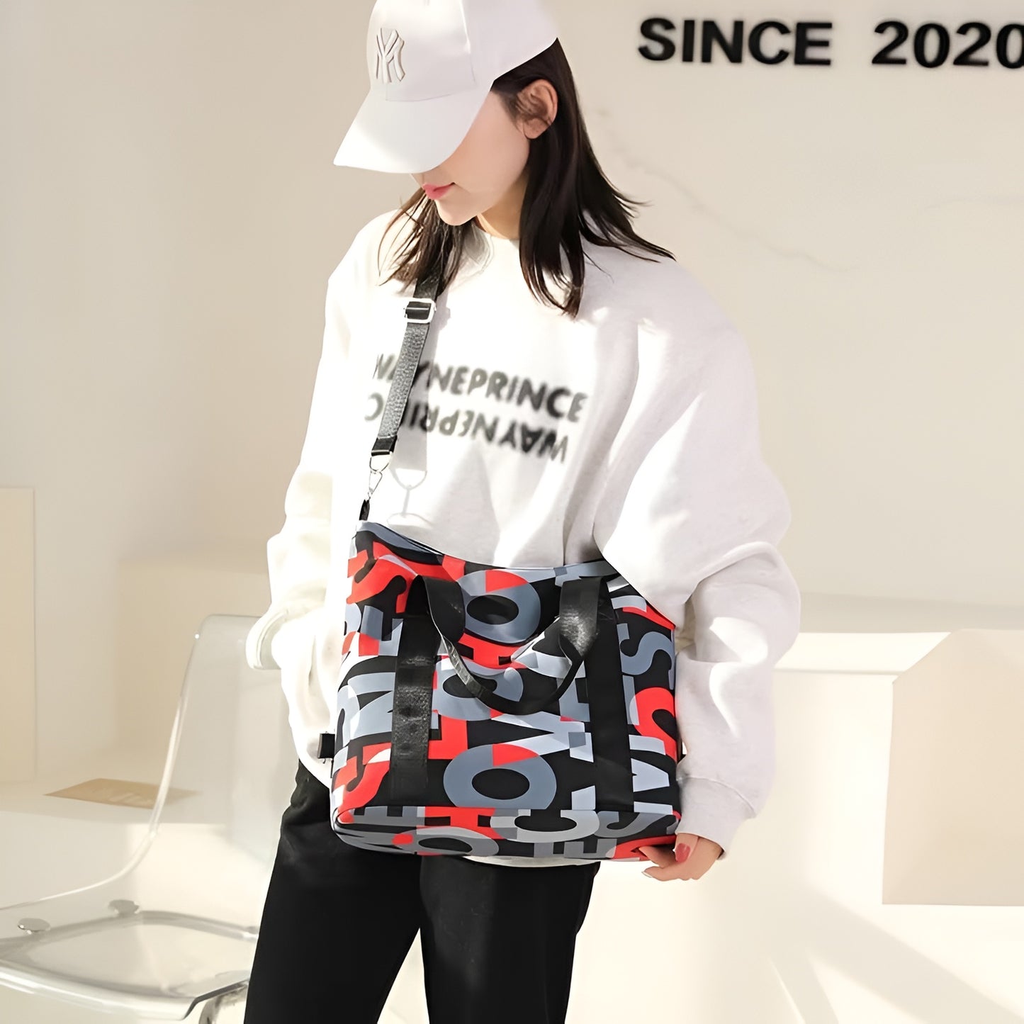 BELLA CARRY Women's Large Capacity Gym Bag & Travel Duffel Bag | Stylish Letter Print Tote with Adjustable Shoulder Strap | Waterproof Casual Weekend Bag