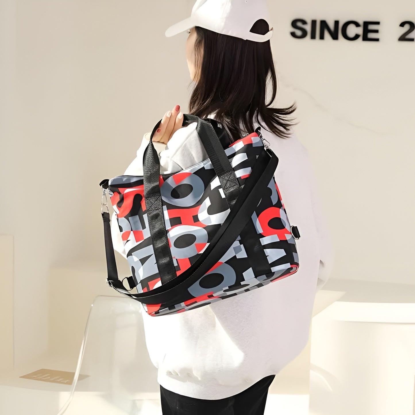 BELLA CARRY Women's Large Capacity Gym Bag & Travel Duffel Bag | Stylish Letter Print Tote with Adjustable Shoulder Strap | Waterproof Casual Weekend Bag