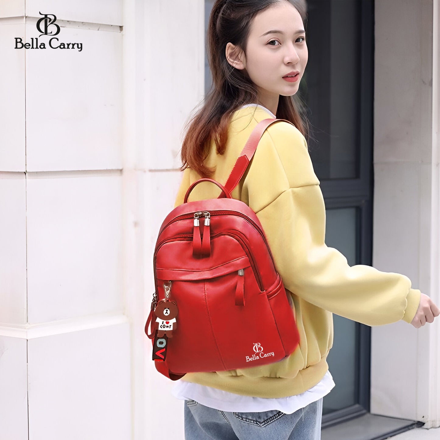 Bella Carry Stylish Waterproof Nylon/PU Backpack for Women & Girls | Casual Daypack with Line Friends Brown & Cony Keychain Charm