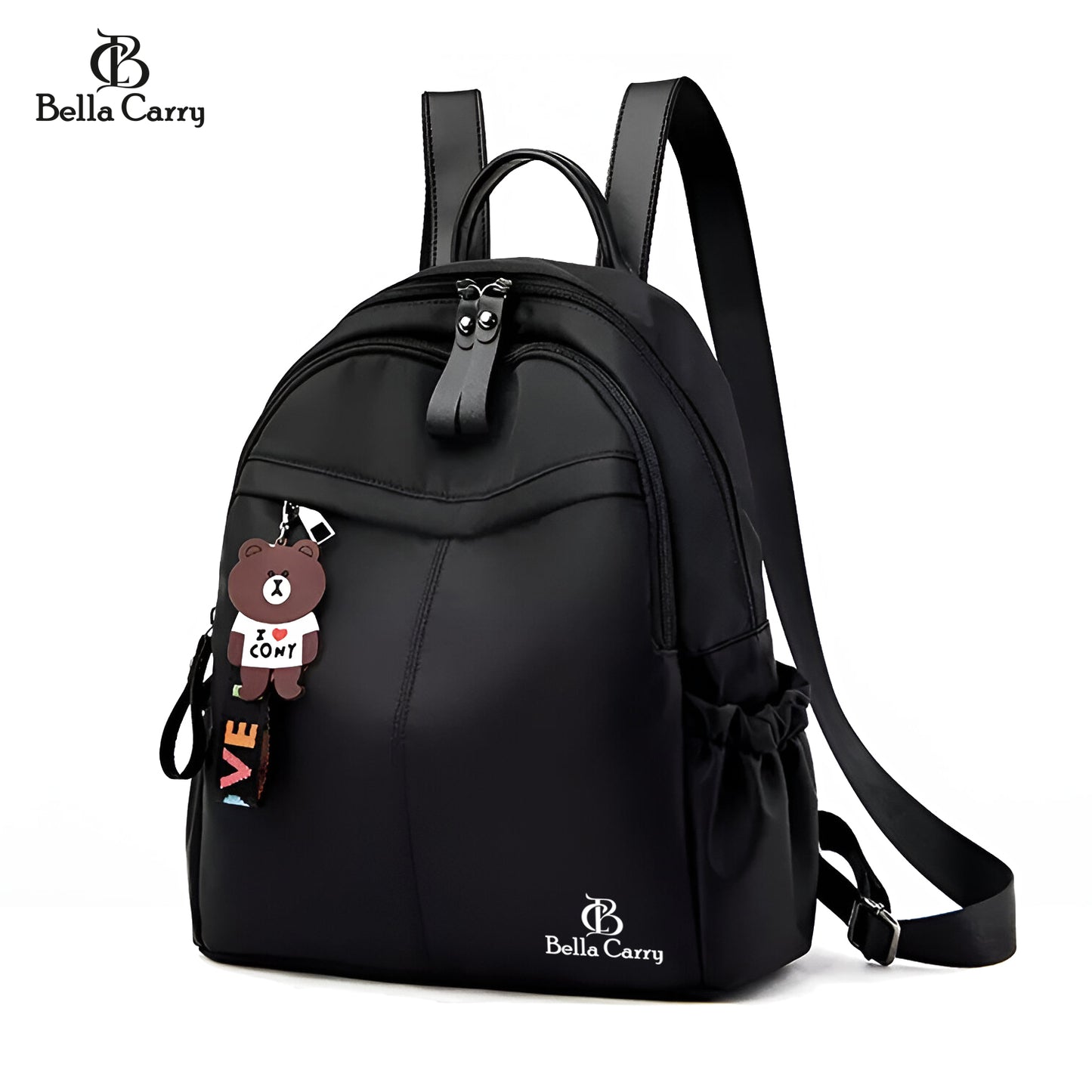 Bella Carry Stylish Waterproof Nylon/PU Backpack for Women & Girls | Casual Daypack with Line Friends Brown & Cony Keychain Charm