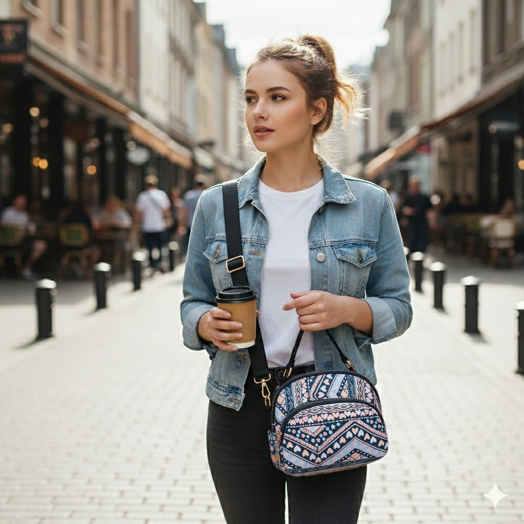 BELLA CARRY Lightweight Patterned Nylon Crossbody Shoulder Bag with Top Handle - Multi-Functional Organization Purse