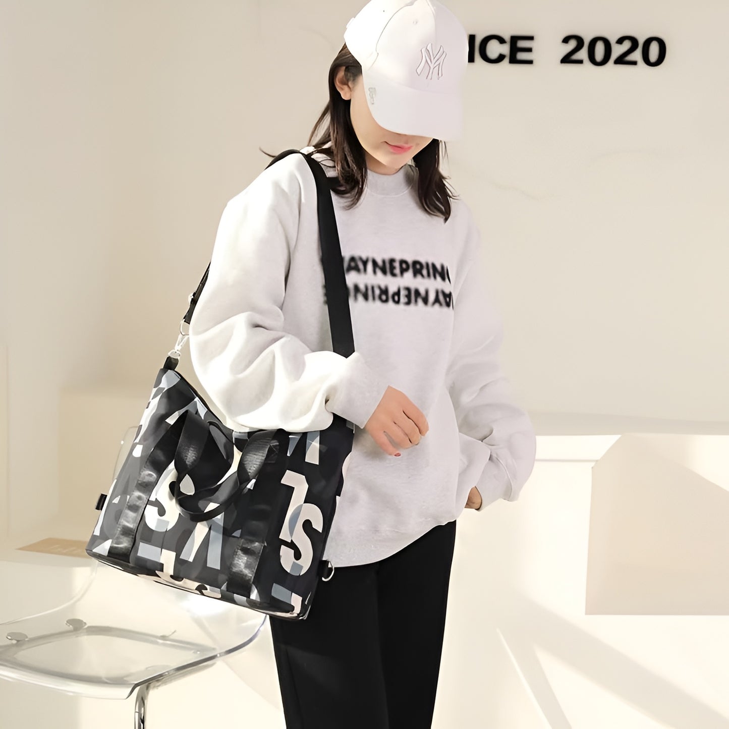 BELLA CARRY Women's Large Capacity Gym Bag & Travel Duffel Bag | Stylish Letter Print Tote with Adjustable Shoulder Strap | Waterproof Casual Weekend Bag