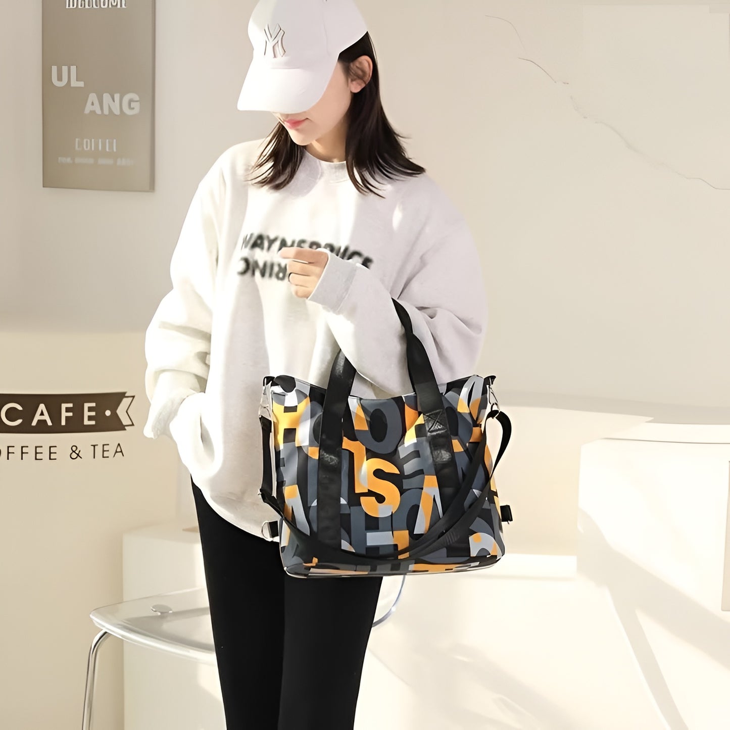 BELLA CARRY Women's Large Capacity Gym Bag & Travel Duffel Bag | Stylish Letter Print Tote with Adjustable Shoulder Strap | Waterproof Casual Weekend Bag