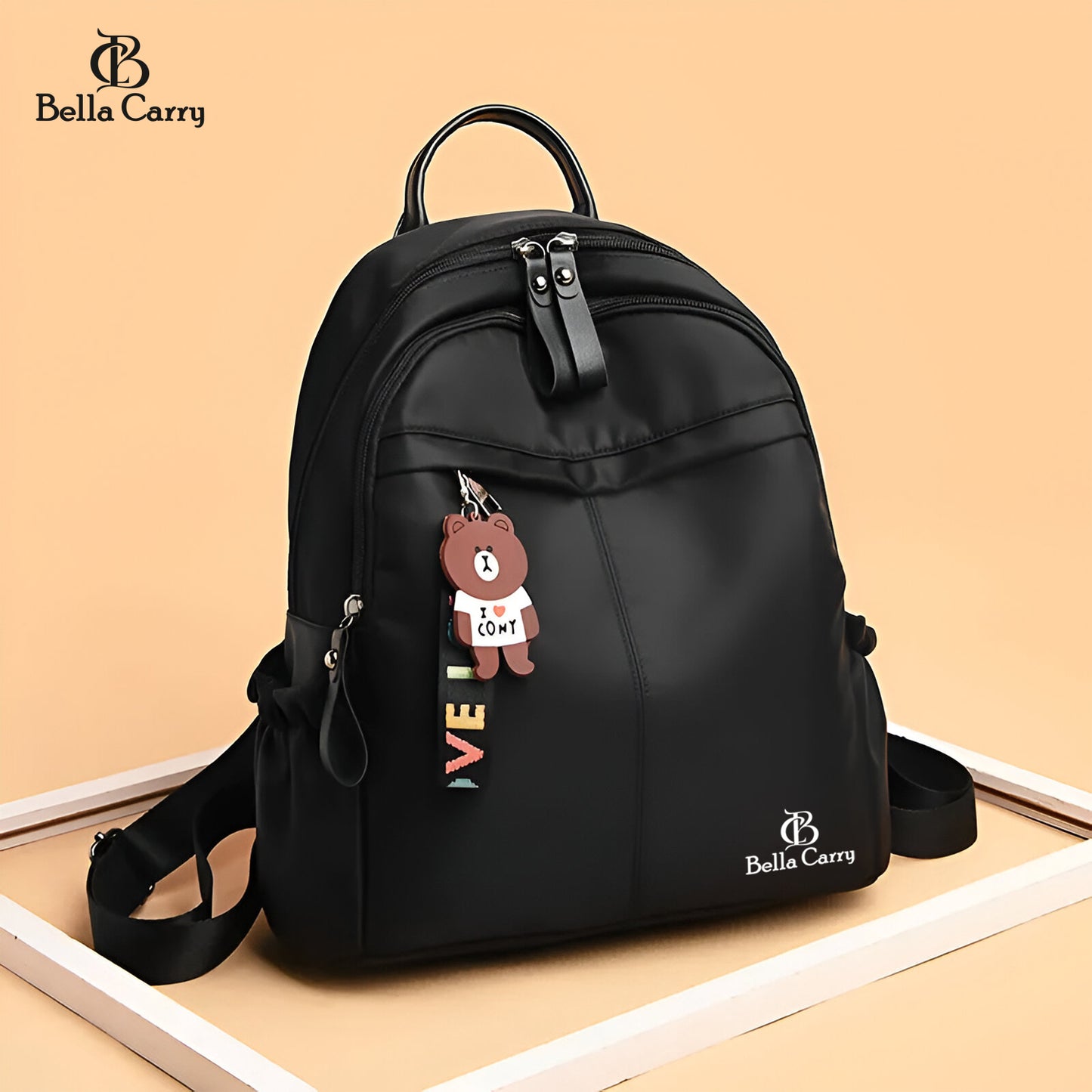 Bella Carry Stylish Waterproof Nylon/PU Backpack for Women & Girls | Casual Daypack with Line Friends Brown & Cony Keychain Charm