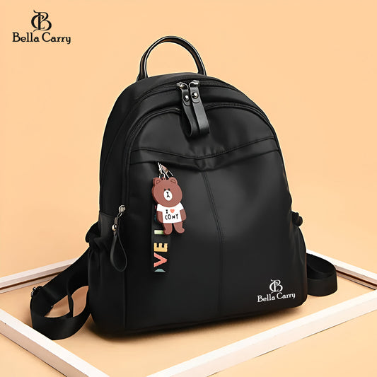 Bella Carry Stylish Waterproof Nylon/PU Backpack for Women & Girls | Casual Daypack with Line Friends Brown & Cony Keychain Charm