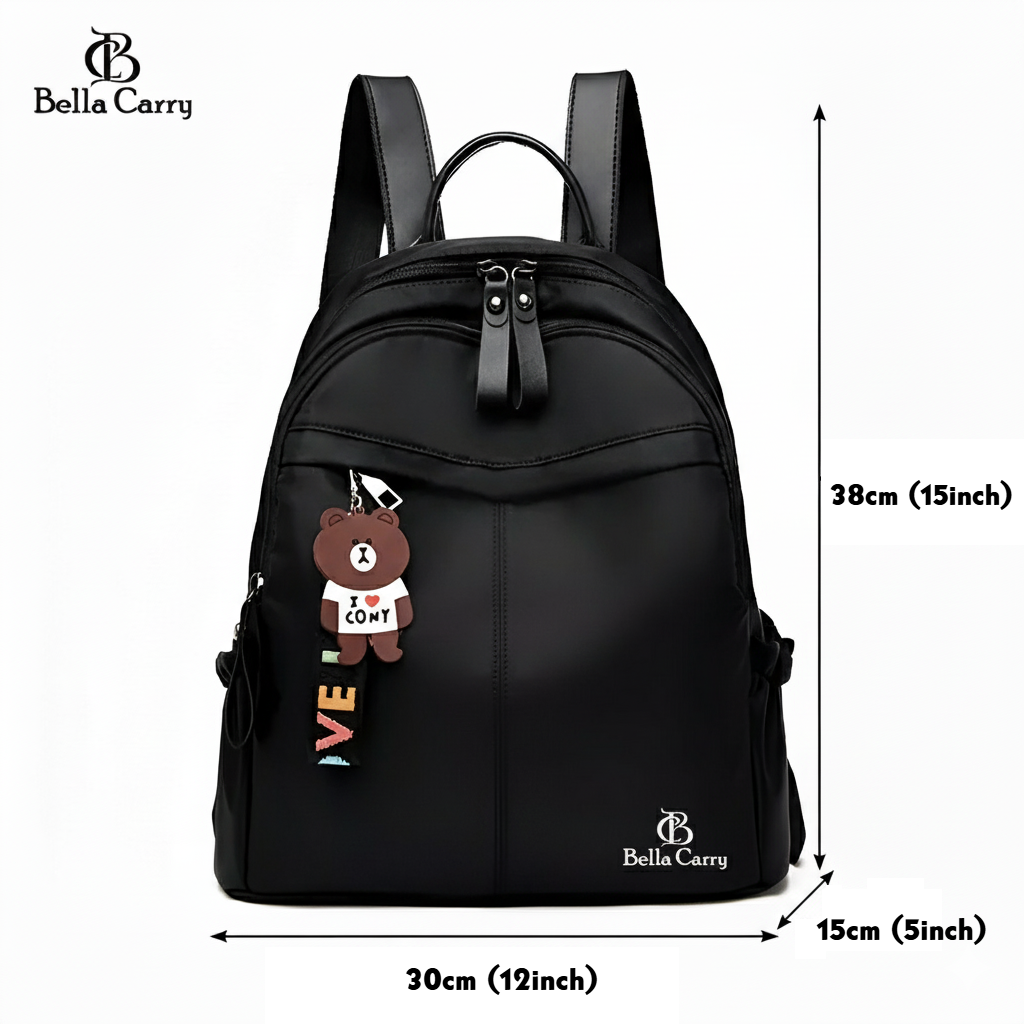 Bella Carry Stylish Waterproof Nylon/PU Backpack for Women & Girls | Casual Daypack with Line Friends Brown & Cony Keychain Charm