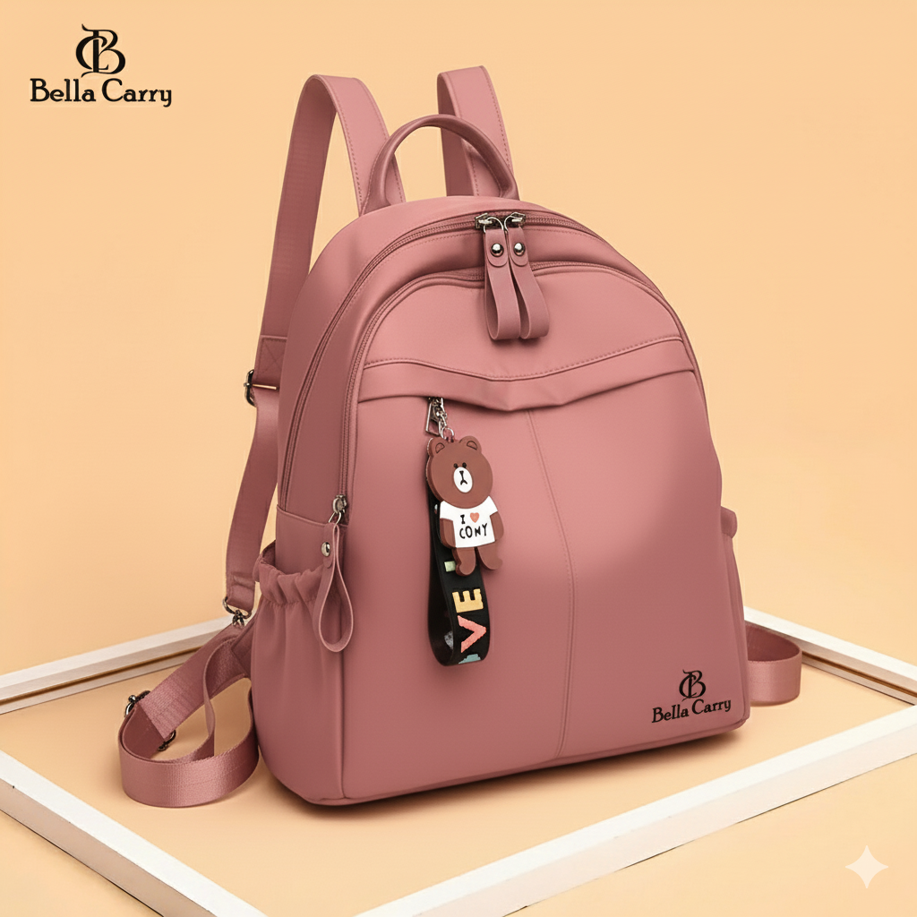 Bella Carry Stylish Waterproof Nylon/PU Backpack for Women & Girls | Casual Daypack with Line Friends Brown & Cony Keychain Charm