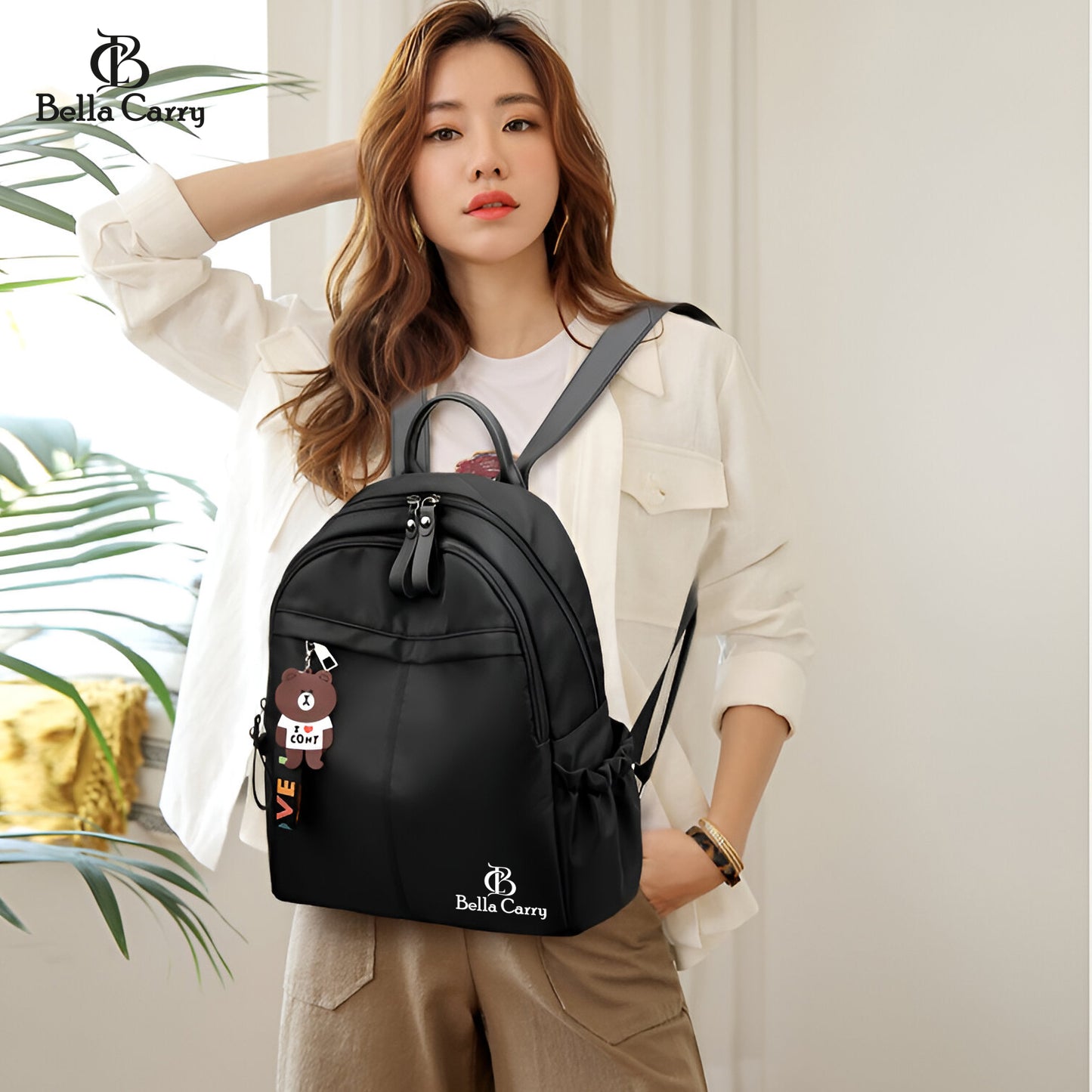 Bella Carry Stylish Waterproof Nylon/PU Backpack for Women & Girls | Casual Daypack with Line Friends Brown & Cony Keychain Charm