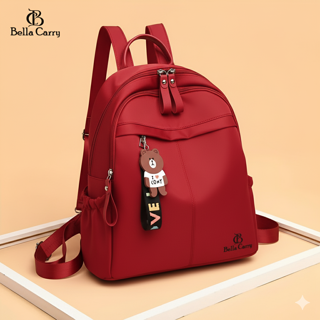 Bella Carry Stylish Waterproof Nylon/PU Backpack for Women & Girls | Casual Daypack with Line Friends Brown & Cony Keychain Charm