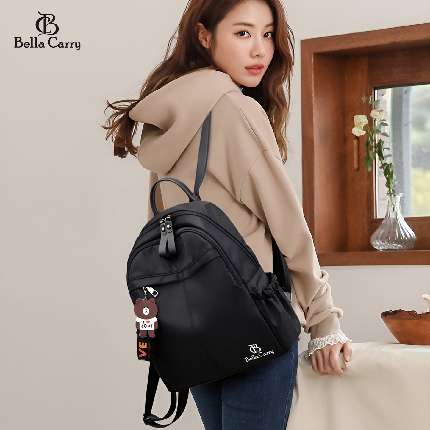 Bella Carry Stylish Waterproof Nylon/PU Backpack for Women & Girls | Casual Daypack with Line Friends Brown & Cony Keychain Charm