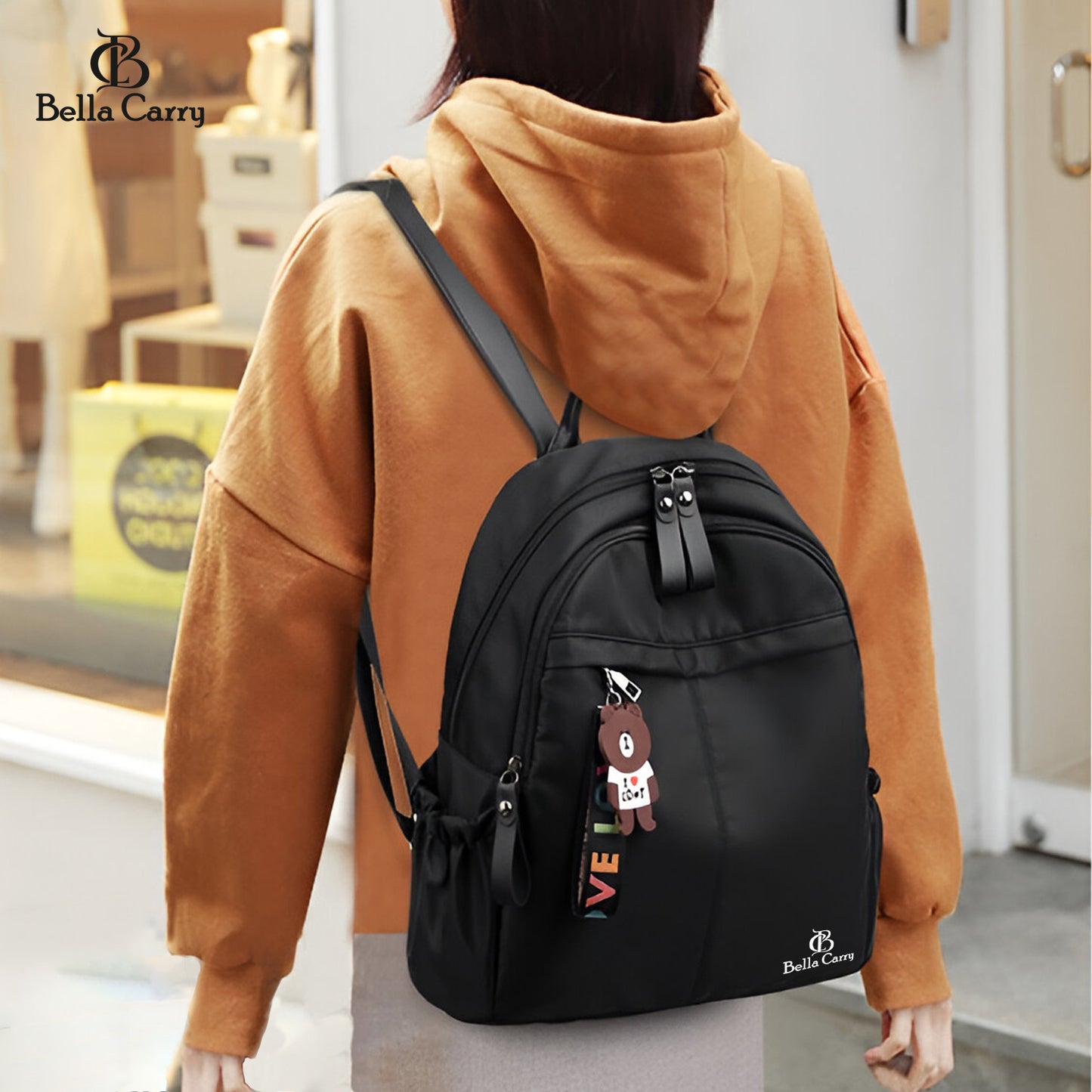 Bella Carry Stylish Waterproof Nylon/PU Backpack for Women & Girls | Casual Daypack with Line Friends Brown & Cony Keychain Charm