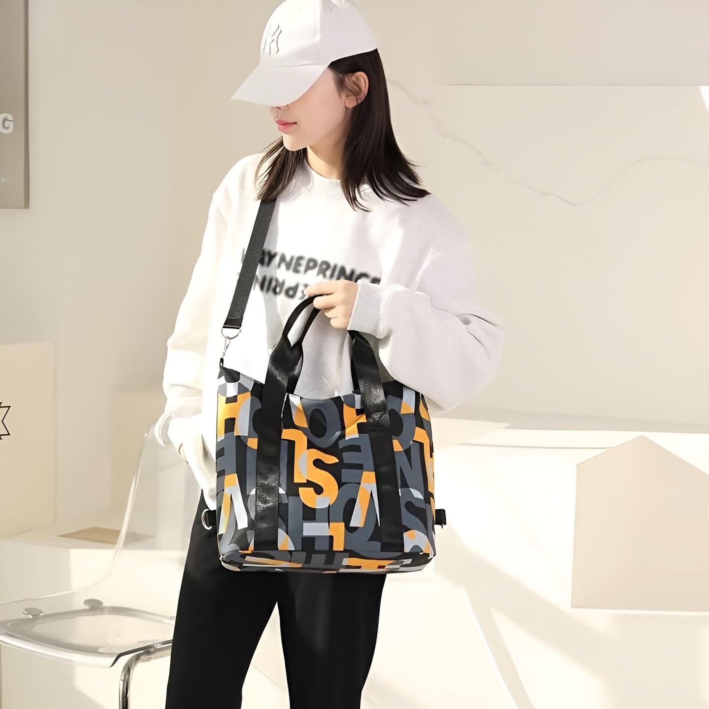 BELLA CARRY Women's Large Capacity Gym Bag & Travel Duffel Bag | Stylish Letter Print Tote with Adjustable Shoulder Strap | Waterproof Casual Weekend Bag