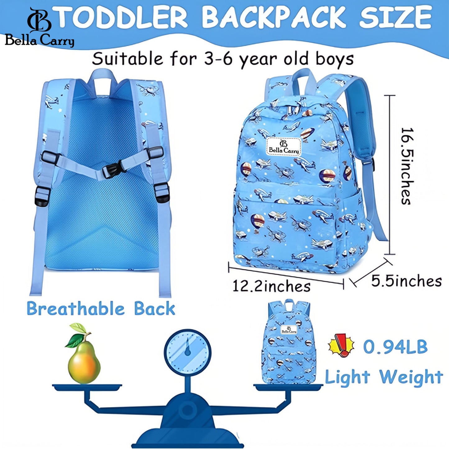 Bella Carry Kids School Backpack for Boys & Girls | Lightweight Primary & Pre-School Bag with Breathable Ergonomic Back, Padded Straps & Water Bottle Pocket | 16.5 Inch