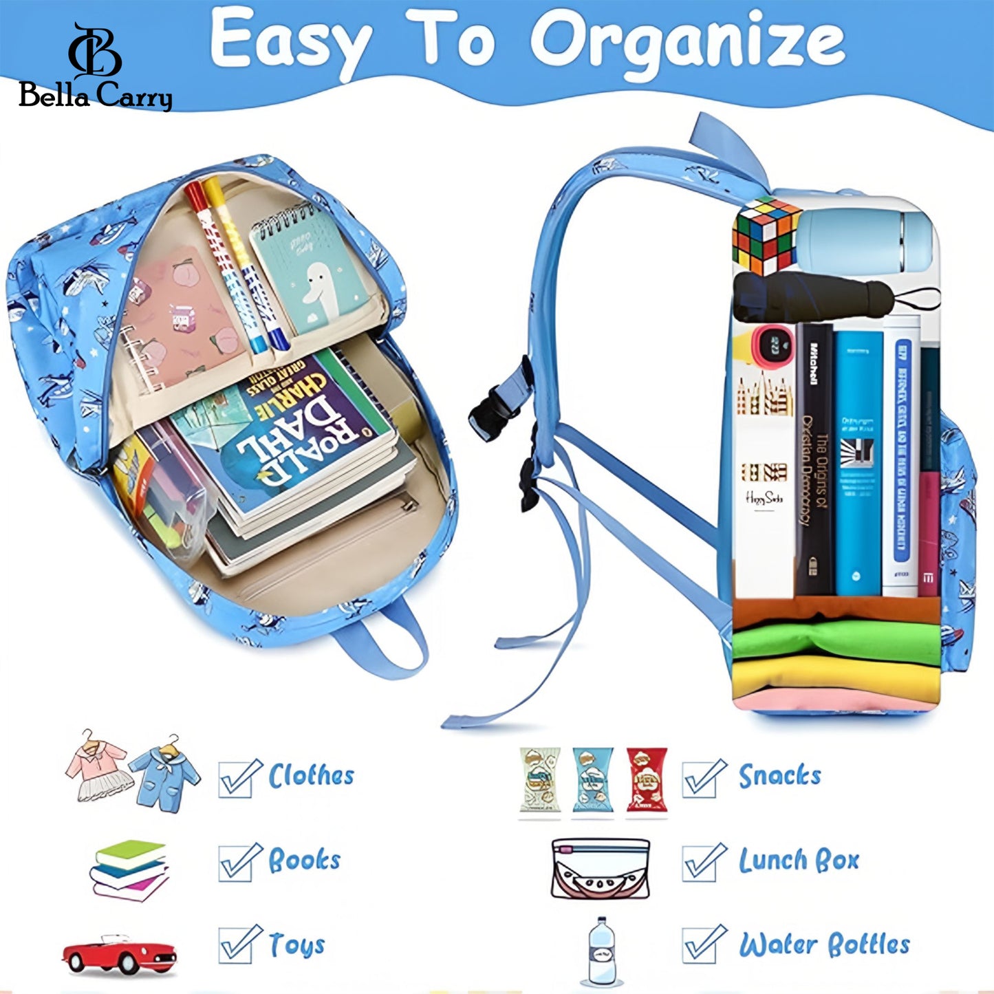 Bella Carry Kids School Backpack for Boys & Girls | Lightweight Primary & Pre-School Bag with Breathable Ergonomic Back, Padded Straps & Water Bottle Pocket | 16.5 Inch