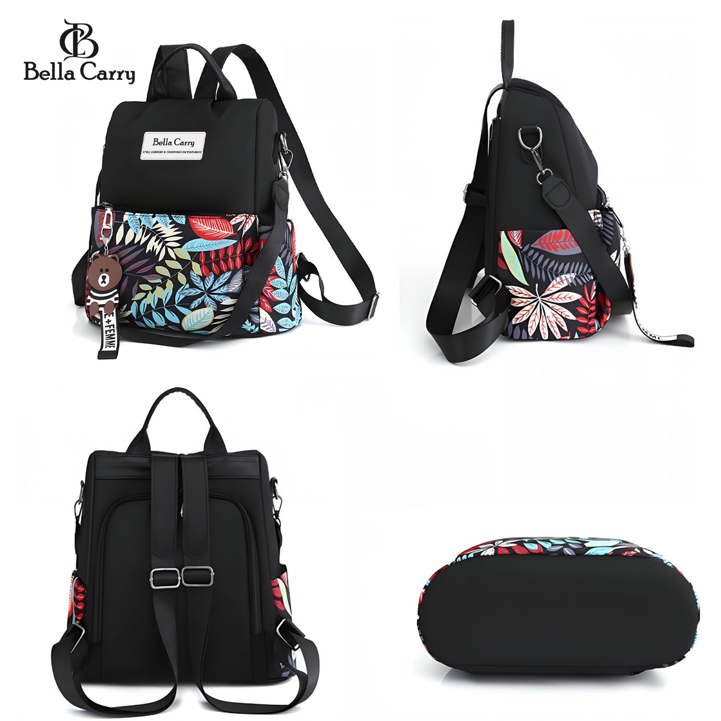 Bella Carry Lightweight Women Backpack,3 in 1 Waterproof Nylon Anti-theft Shoulder Bag,Double zipper Ladies Rucksack Handbags Daypack with Tassel Travel Bag School Bags