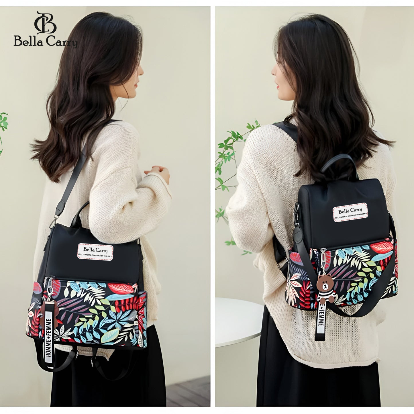 Bella Carry Lightweight Women Backpack,3 in 1 Waterproof Nylon Anti-theft Shoulder Bag,Double zipper Ladies Rucksack Handbags Daypack with Tassel Travel Bag School Bags